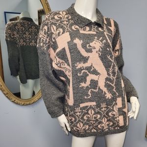Vtg 90s Venezia French Royal sweater Fleur-de-lis Lion Shield collar XL grunge